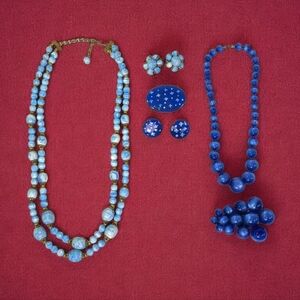 Antique Blue Beaded Necklace Earring Set Moon Glow Necklace Dress Clip Brooch